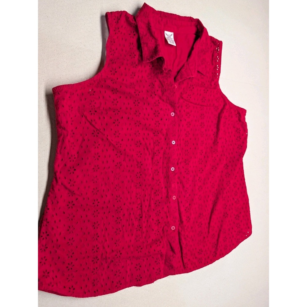 Faded Glory Women's Size 2XL (20) Blouse Sleeveless Red Eyelet Front 100% Cotton
